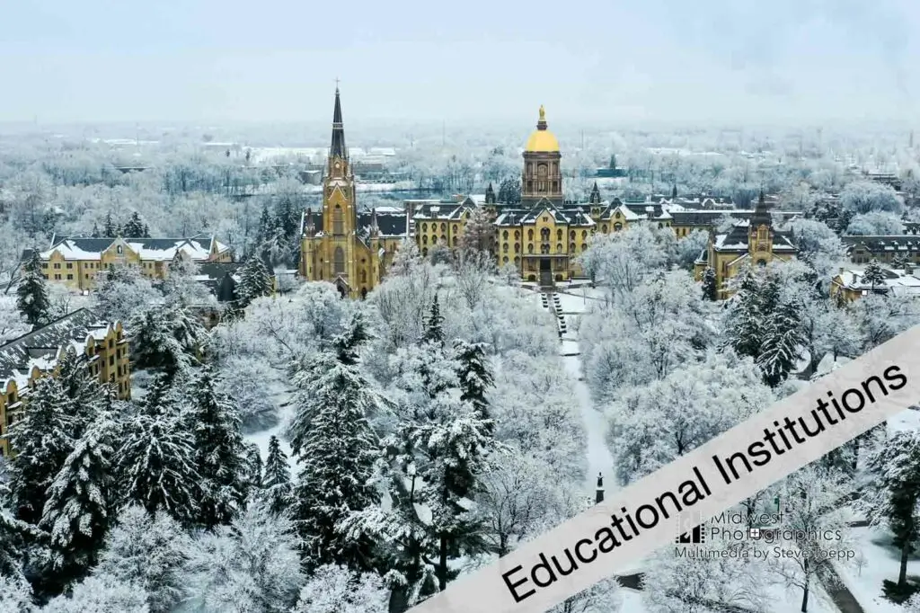 Winter aerial view of Notre Dame campus